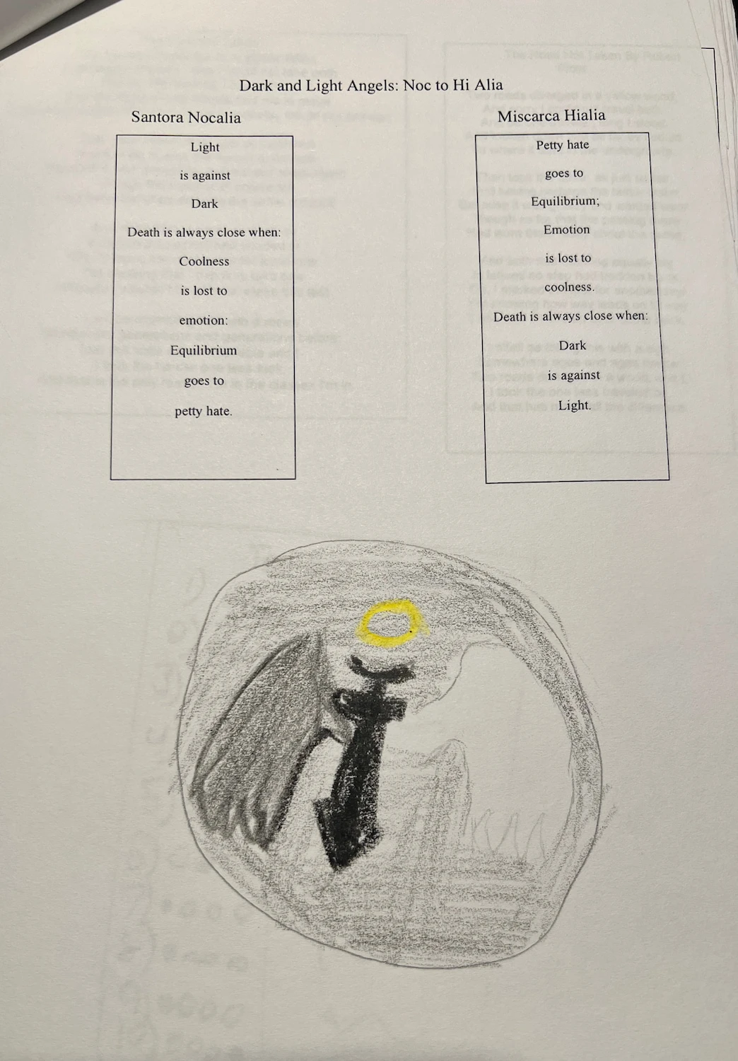 Image of the Dark and Light Angels Poem as part of a schoolwork poetry book